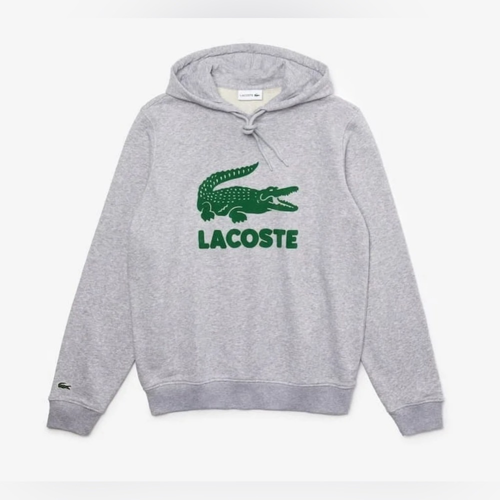 Lacoste Mens Long Sleeve Flocked Graphic Croc Hooded Sweatshirt Silver